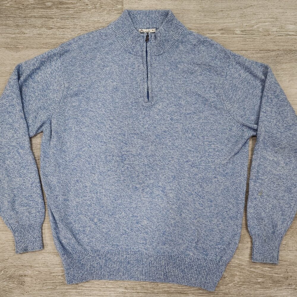 Peter Millar Quarter Zip Heather Blue Sweater Merino Wool Cashmere Italy Mens XL